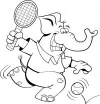 Слон играет в теннис, ракетка, мяч Раскраски для мальчиков