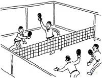 Игра в теннис маленькими ракетками на большом поле, игра два на два, мальчики Раскраски для мальчиков