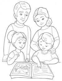 Семья, дети читают книгу, мальчик и девочка Раскраски для мальчиков