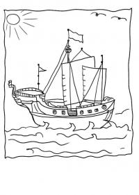 Корабль с парусами и флагом в море, чайки, солнце Раскраски для мальчиков