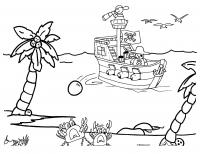 Корабль пиратов возле острова, крабы, пальмы, птицы, песок, море Раскраски для мальчиков