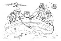 Солдаты в шлюпке, надувная лодка, оружие, море, самолет, вертолет Раскраски для детей мальчиков