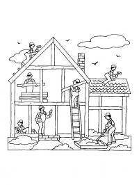Строительство дома, строители, лестница, кирпичи, доски, мастерок, цемент Раскраски для мальчиков