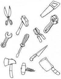 Строительные инструменты, пила, отвертка, молоток , ножницы, топор, гаечный ключ Раскраски для мальчиков