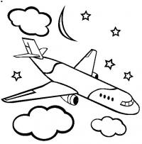 Самолет в ночном небе, звезды, месяц и облака Раскраски для мальчиков бесплатно