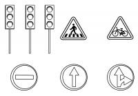 Дорожные знаки, светофоры, пешеходный переход, дорожный знак с велосипедом, дорожные знаки со стрелками Раскраски для мальчиков