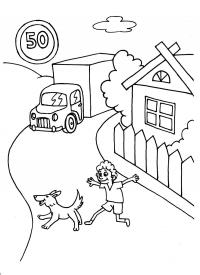 Дорожные знаки, дорога, дом, собака, мальчик, грузовик, знак ограничения скорости до 50 км, деревья Раскраски для мальчиков