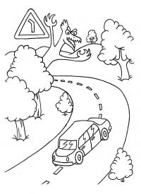 Дорожные знаки, дорога, машина, поворот, дракон, деревья Раскраски для мальчиков