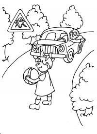 Дорожные знаки, осторожно дети, дорога, девочка с мячом на дороге, машина, водитель выглядывает из окна автомобиля, деревья Раскраски для мальчиков