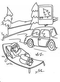 Дорожные знаки, место для отдыха, человек спит на раскладушке, машина, дорога, елки Раскраски для мальчиков