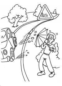 Дорожные знаки, человек с зонтом, машина едет по дороге, из под колес машины на человека летят камни и песок, деревья Раскраски для мальчиков