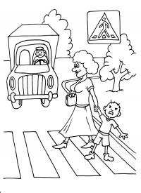 Дорожные знаки, пешеходный переход, мама с сыном переходят дорогу, грузовик, водитель, деревья Раскраски для мальчиков