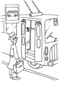 Дорожные знаки, автобусная остановка. старик в очках и портфелем, троллейбус на остановке с открытыми дверьми Раскраски для мальчиков