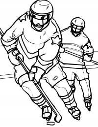 Спорт, хоккеисты, прорыв с шайбой вперед, лед, каток, клюшки Раскраски для мальчиков бесплатно