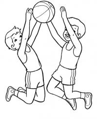Спорт, мальчики в прыжке ловят мяч, баскетбол Раскраски для мальчиков бесплатно