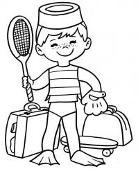 Спорт, мальчик в ластах с теннисной ракеткой в руке и чемоданы Раскраски для мальчиков бесплатно