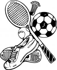 Спорт, кроссовки, воланчик и ракетка для бадминтона, теннисный и футбольный мячи Раскраски для мальчиков бесплатно
