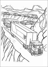 Трансформеры, караван машин движущихся вдоль по горной дороге Раскраски для мальчиков