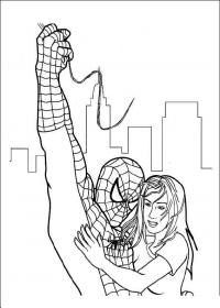 Человек паук с девушкой летит по городу Раскраски для мальчиков