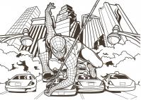 Человек паук летит над машинами по городу Раскраски для мальчиков