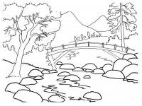 Горы, мост через реку, деревья, камни Раскраски для детей мальчиков