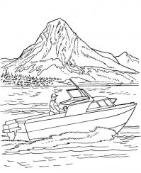 Горы, лес, озеро, человек на лодке Раскраски для детей мальчиков