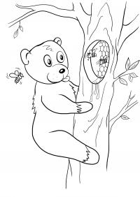 Медведь лезет на дерево за медом, дерево, пчелы Раскраски для мальчиков