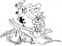 Матроскин и шарик катаются на лыжах с горы, дом, лес Раскраски для мальчиков бесплатно