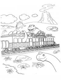 Поезд динозавров, кусты, вулкан Раскраски для детей мальчиков