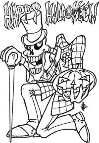 Скелет с тростью и тыквой для хэллоуина Раскраски для мальчиков бесплатно