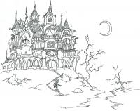 Скелет спускается вниз по лестнице, замок, ночь, луна, голые деревья, летучие мыши Раскраски для мальчиков