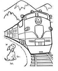 Поезд в горах, собака возле рельсов Распечатать раскраски для мальчиков
