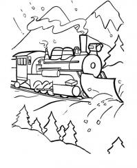 Поезд во время снегопада, горы, ели Распечатать раскраски для мальчиков