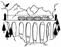 Поезд, электричка едет через мост, река, горы, елки, туннель в горах Распечатать раскраски для мальчиков