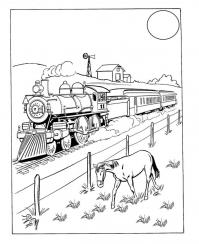 Поезд проезжает мимо фермы, лошадь пасется Распечатать раскраски для мальчиков