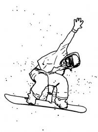 Сноубордист в прыжке держится одной  рукой за доску, другой машет гора, идет снег, спорт, зима Скачать раскраски для мальчиков