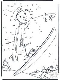 Сноубордист, снег, горы, елки, дома Скачать раскраски для мальчиков
