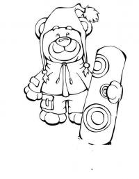 Плюшевый улыбающийся мишка со сноубордом Раскраски для детей мальчиков