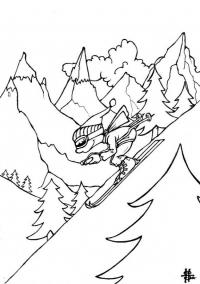 Скат с горы на лыжах, лес, елки, человек, спорт, зима, снег Скачать раскраски для мальчиков