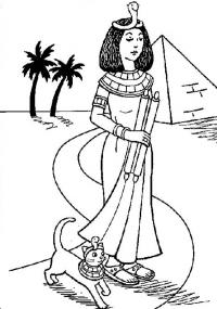 Древний мир, принцесса египта прогуливается со свитком в руках и кошкой, пирамида, пальмы, песок, пустыня Раскраски для мальчиков