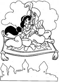 Аладин с принцессой на ковре самолете над городом Раскраски для мальчиков бесплатно