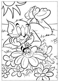 Кот и мышка на лужайке из мультфильма том и джерри, пчелка на цветке Распечатать раскраски для мальчиков