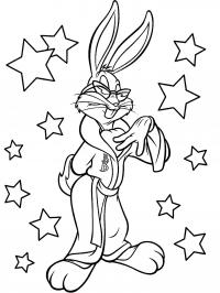 Кролик в халате и в очках в окружении звезд из мультфильмов Распечатать раскраски для мальчиков